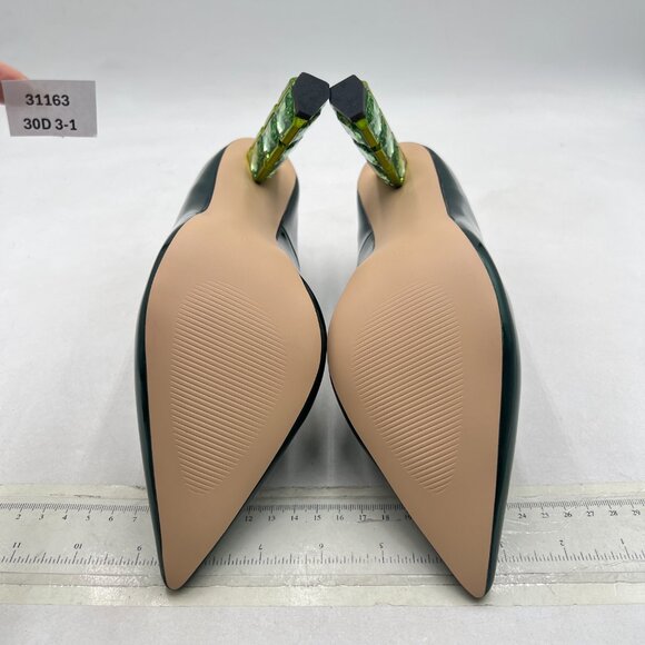 FSJ Green Pointed Toe Slip On Crystal Gorgeous Three Diamonds High Heel Pumps - Picture 7 of 8